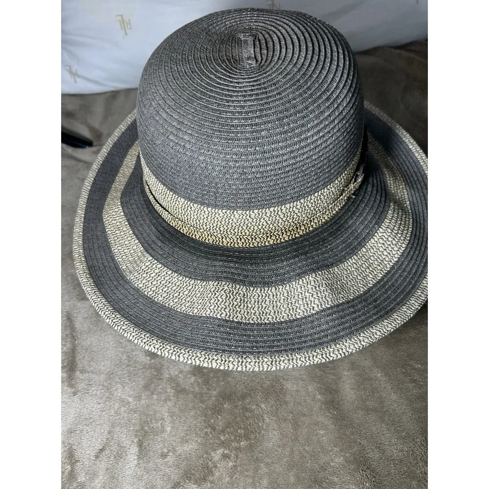 Sun N Sand Headwear Womens Boater Sun Hat‎ Black Tan Striped Wide Brim OS